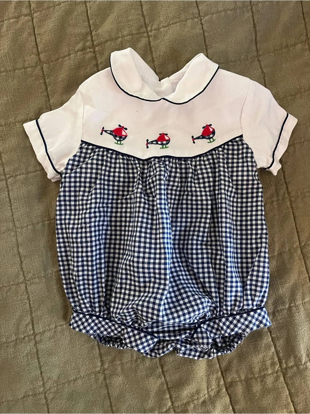 Vintage Gingham Baby Bubble Romper with Helicopter Embroidery - Navy & White